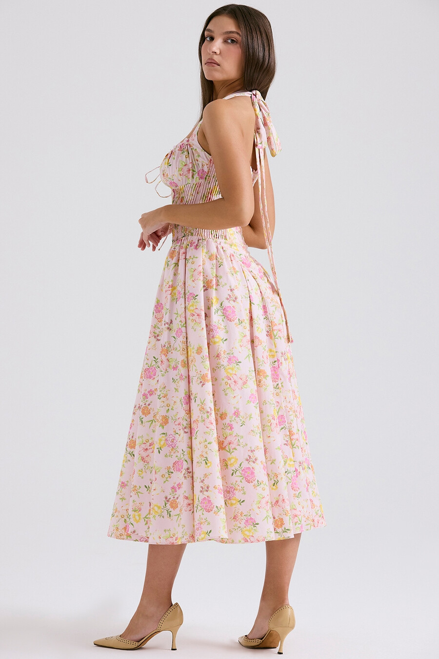 rosa Ängsmönstrad bomulls halter midi-summerklänning