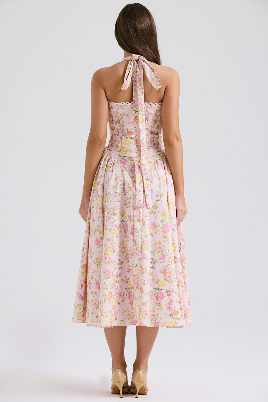 rosa Ängsmönstrad bomulls halter midi-summerklänning