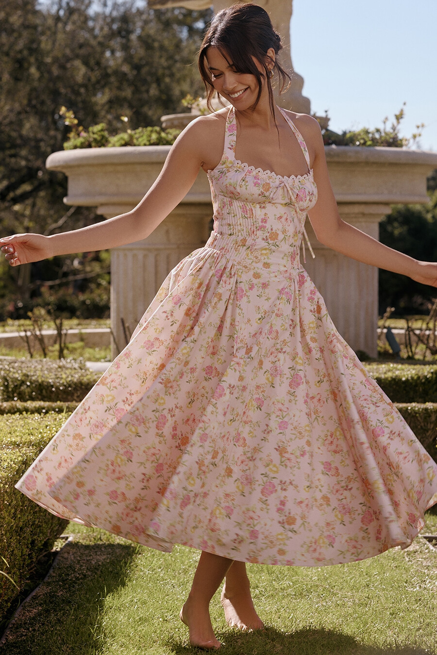 rosa Ängsmönstrad bomulls halter midi-summerklänning
