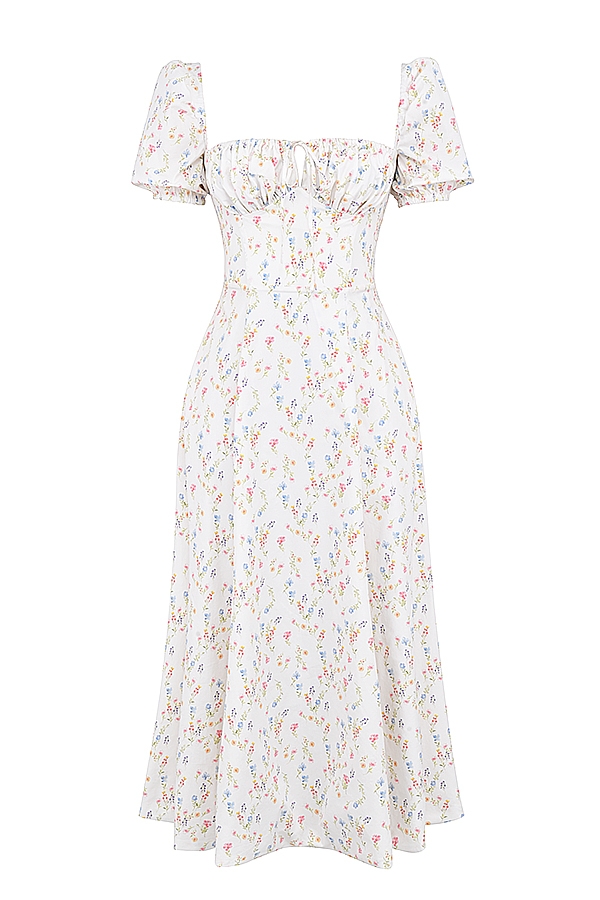 vit posy print bomullsklänning med puffärmar och midi-motiv