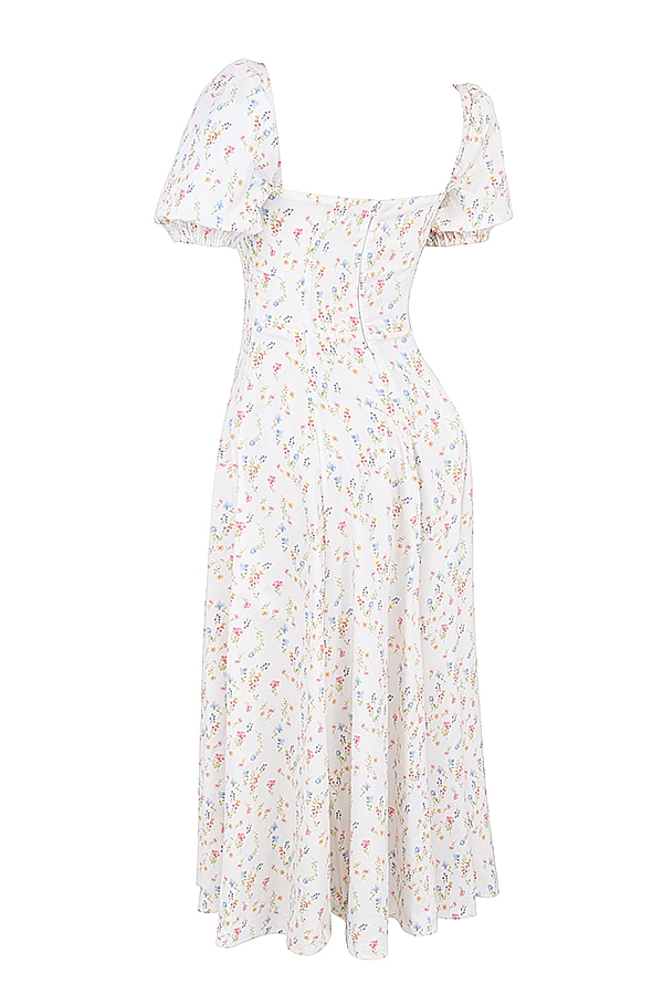 vit posy print bomullsklänning med puffärmar och midi-motiv