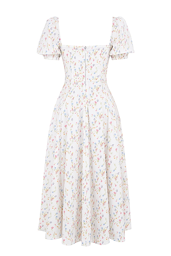 vit posy print bomullsklänning med puffärmar och midi-motiv