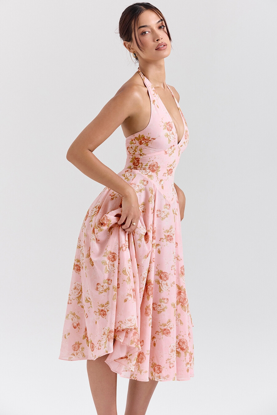engelsk vintage rosmönstrad georgette halterneckklänning