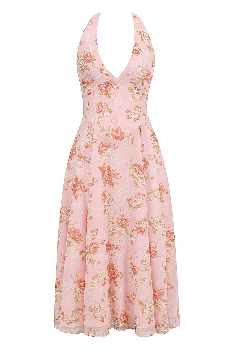 engelsk vintage rosmönstrad georgette halterneckklänning
