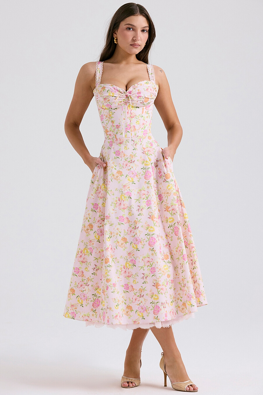 rosa Ängsmönstrad bomulls bustier sommarklänning