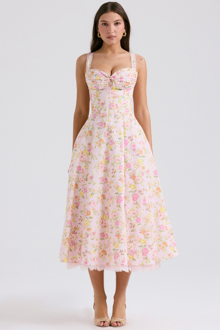 rosa Ängsmönstrad bomulls bustier sommarklänning
