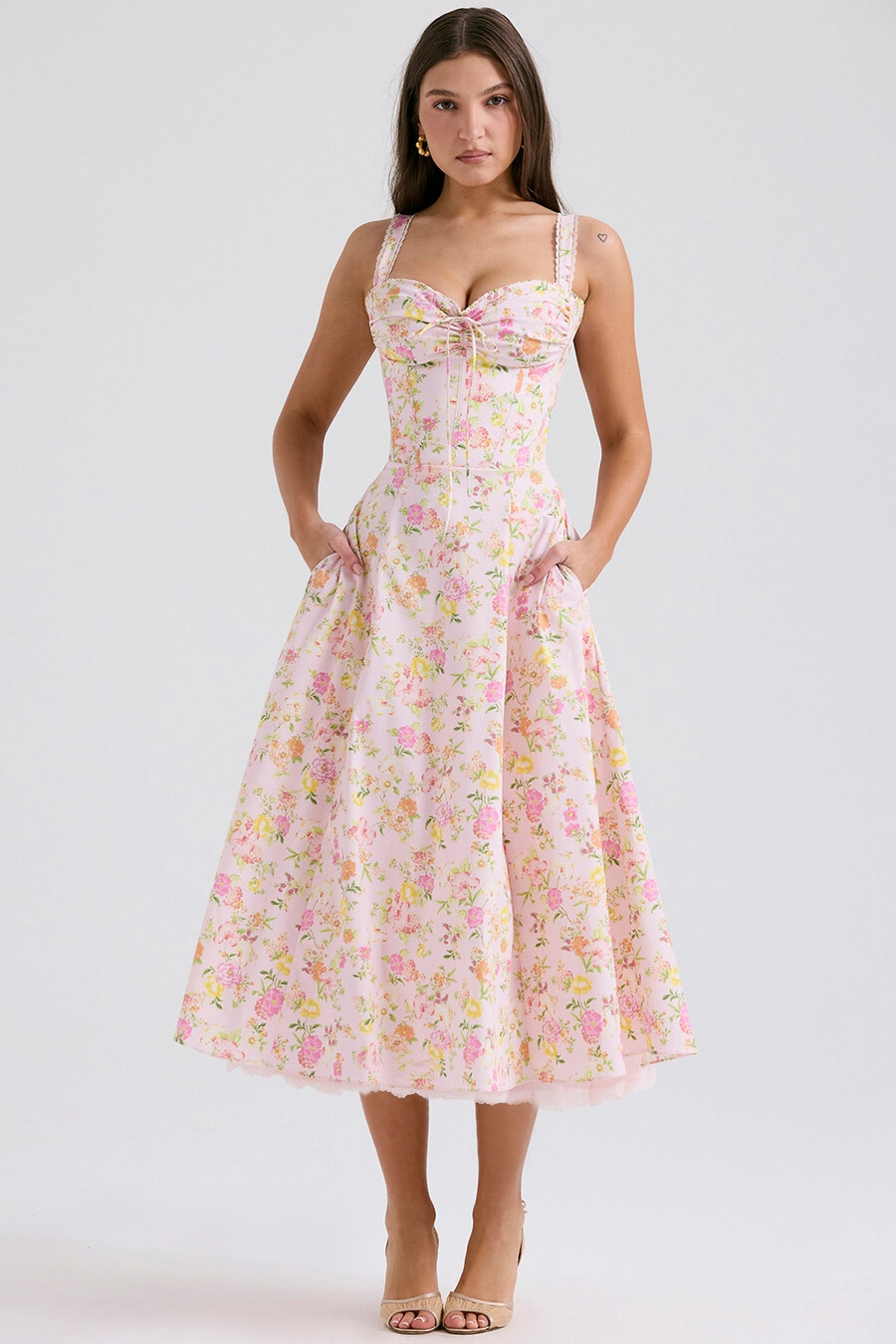rosa Ängsmönstrad bomulls bustier sommarklänning