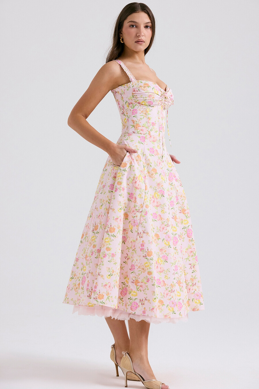 rosa Ängsmönstrad bomulls bustier sommarklänning