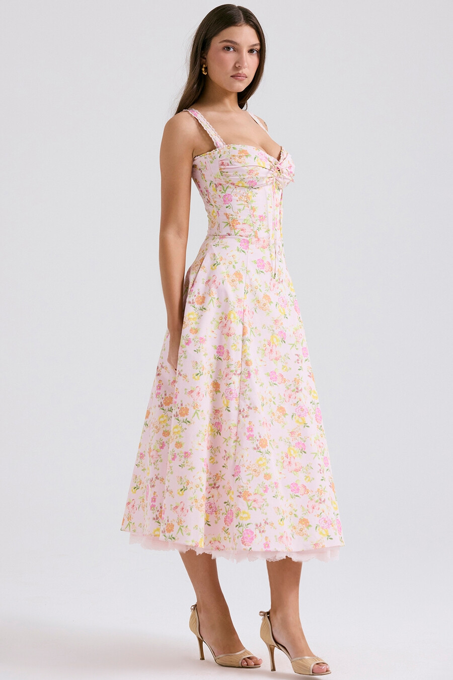 rosa Ängsmönstrad bomulls bustier sommarklänning