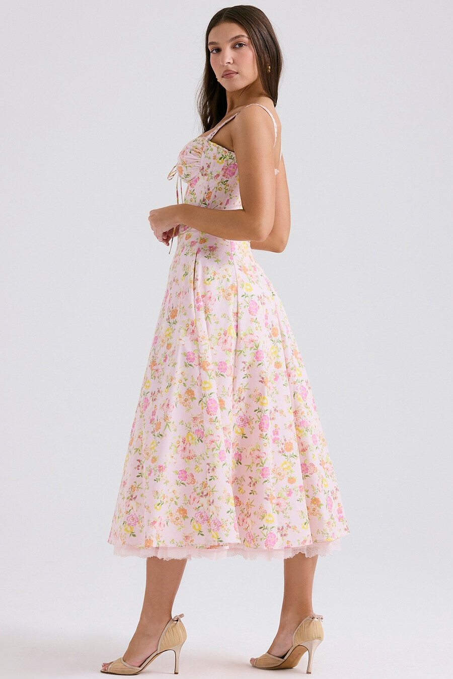 rosa Ängsmönstrad bomulls bustier sommarklänning