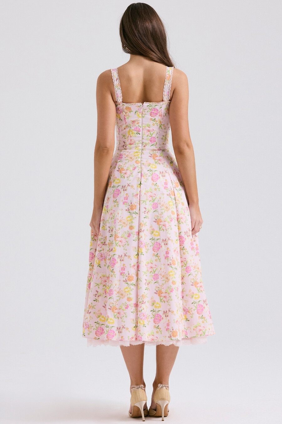 rosa Ängsmönstrad bomulls bustier sommarklänning