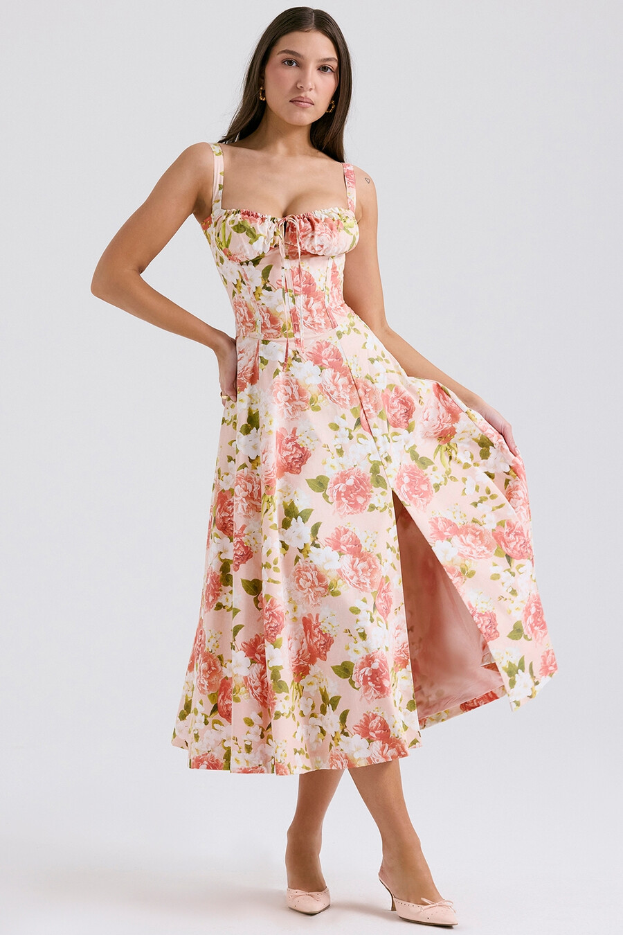 rosa pionmönstrad bomullsbustier-sommarklänning