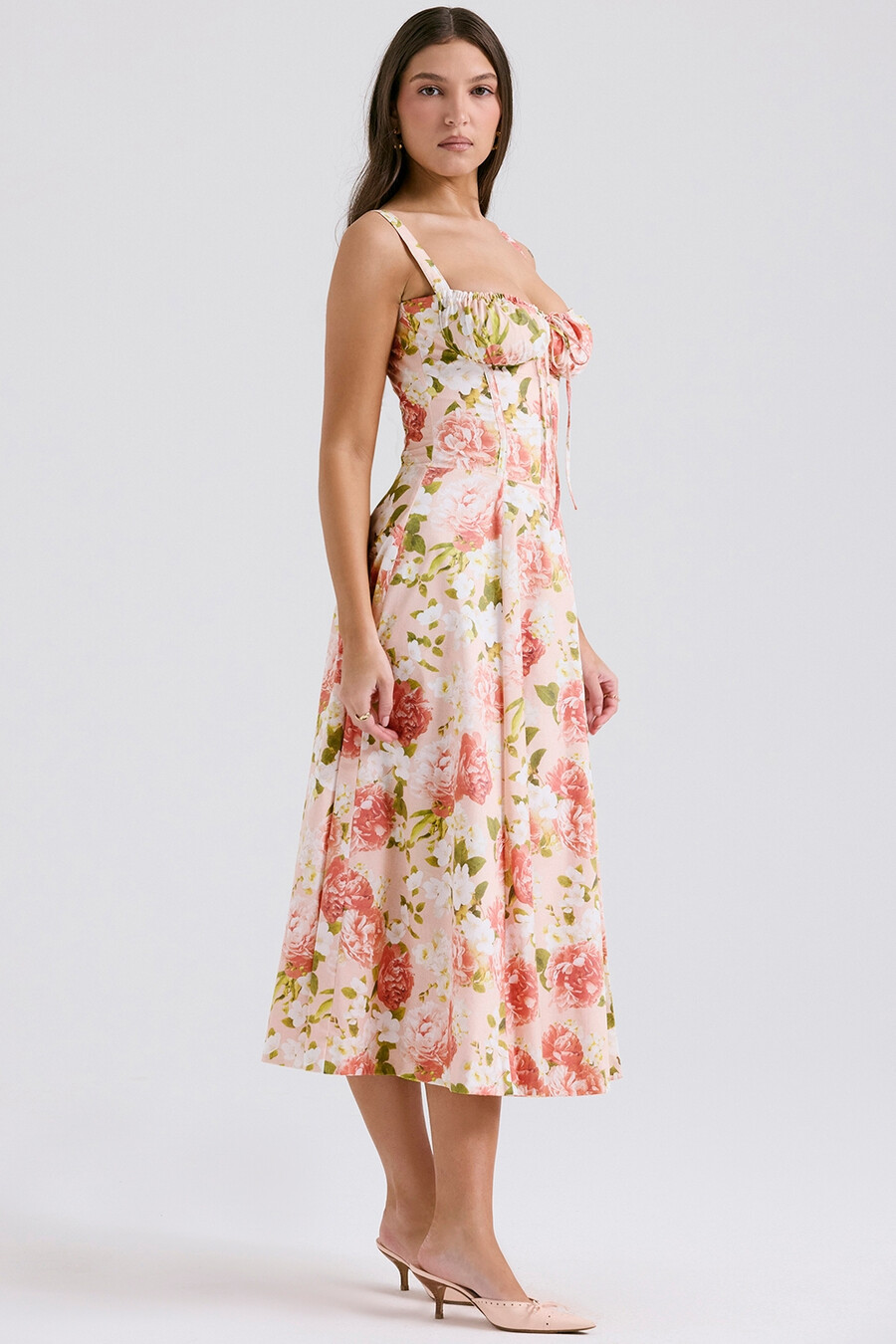 rosa pionmönstrad bomullsbustier-sommarklänning