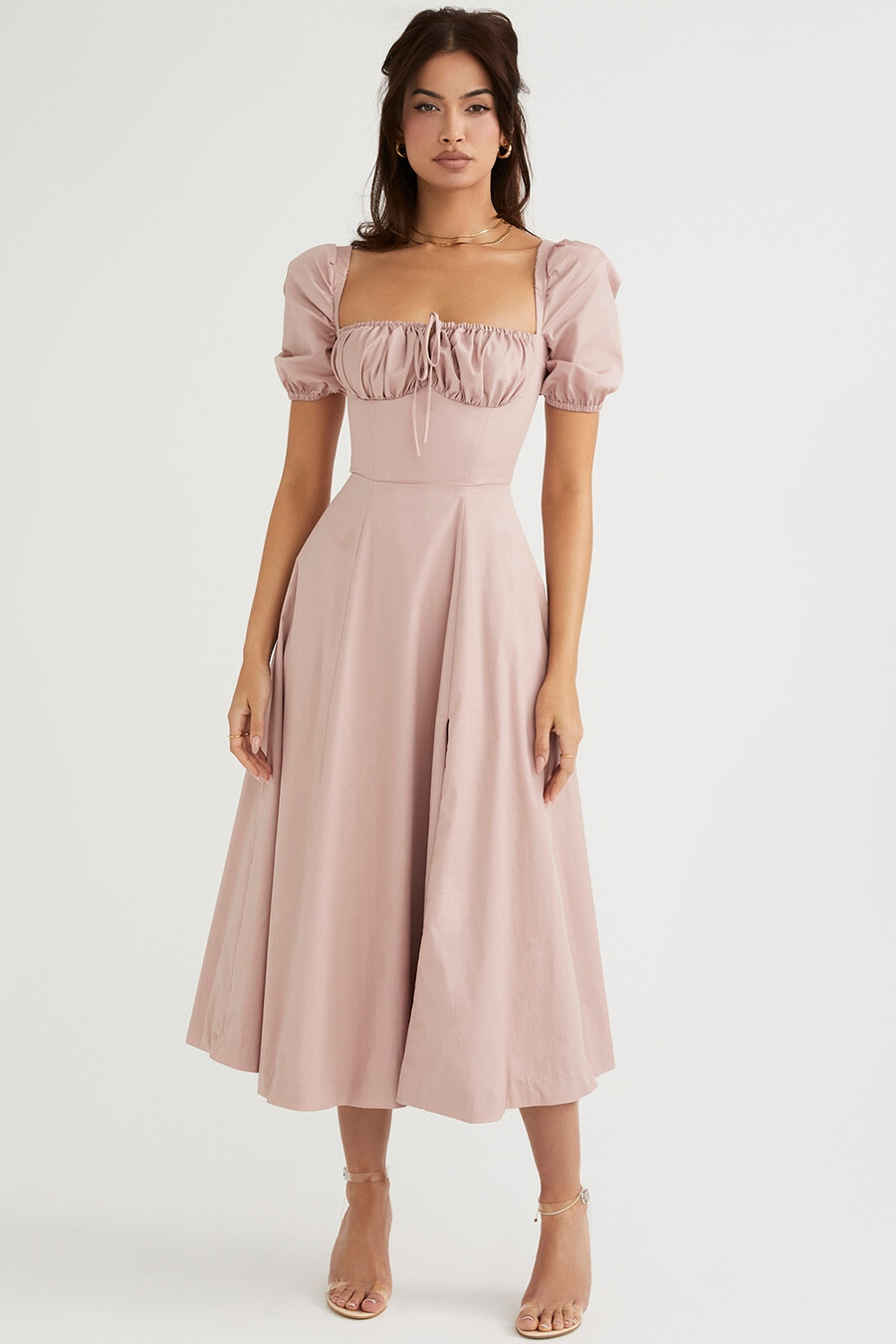 blush puffärmad midiklänning