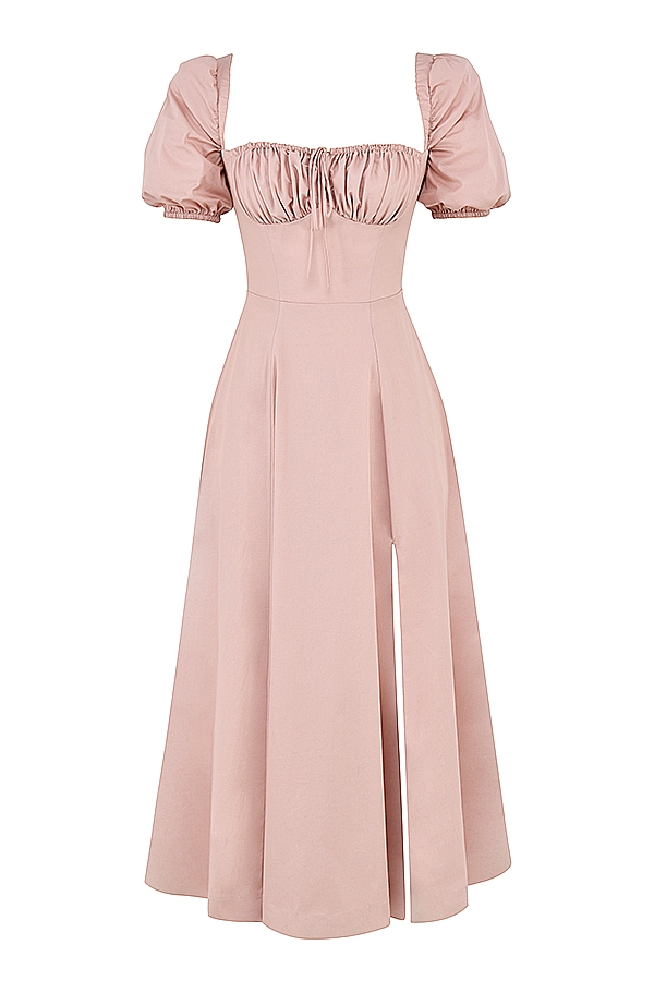 blush puffärmad midiklänning