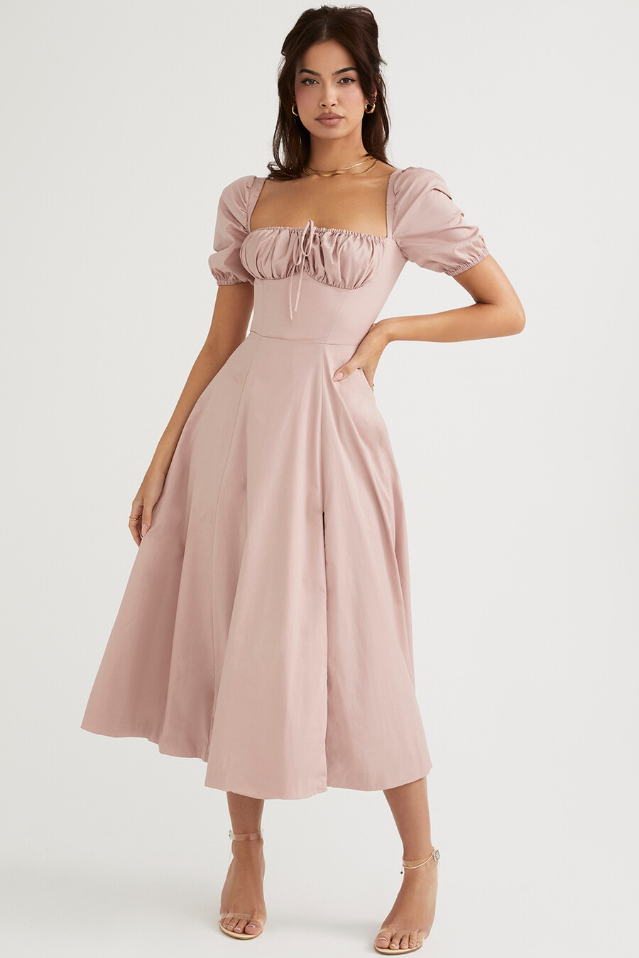 blush puffärmad midiklänning