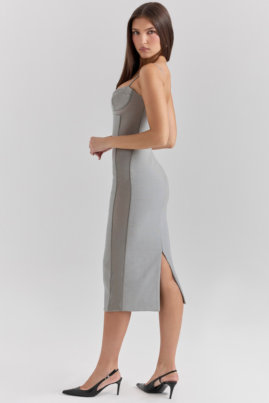 ljusgrå nätklänning med bodycon-detaljer