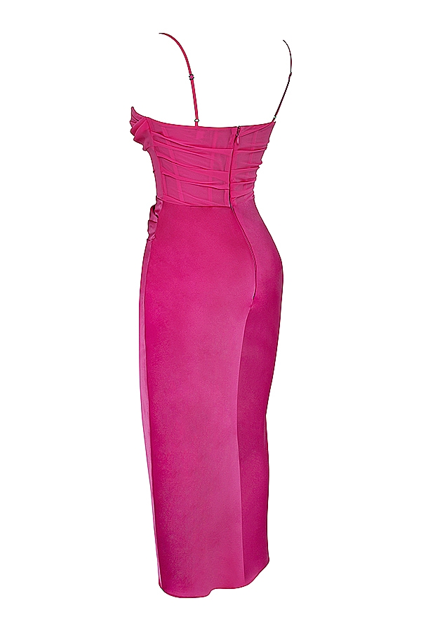 hot pink draperad korsett midiklänning