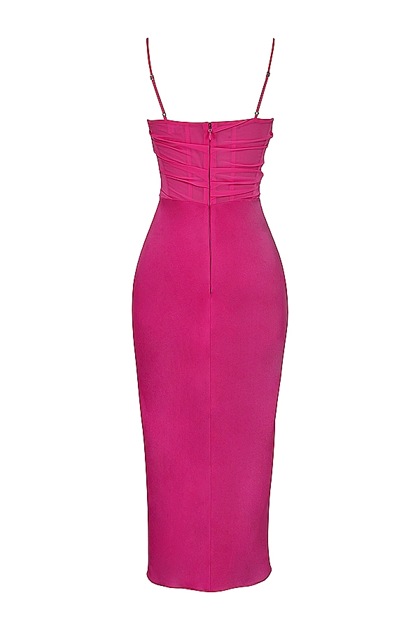 hot pink draperad korsett midiklänning