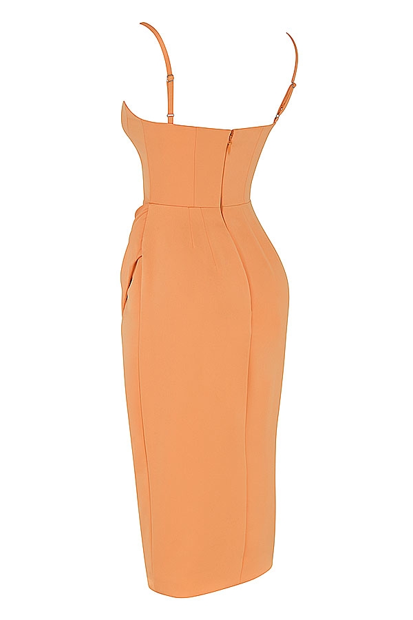 tangerine satin plisserad korsett midiklänning
