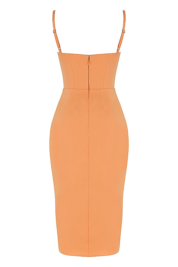 tangerine satin plisserad korsett midiklänning