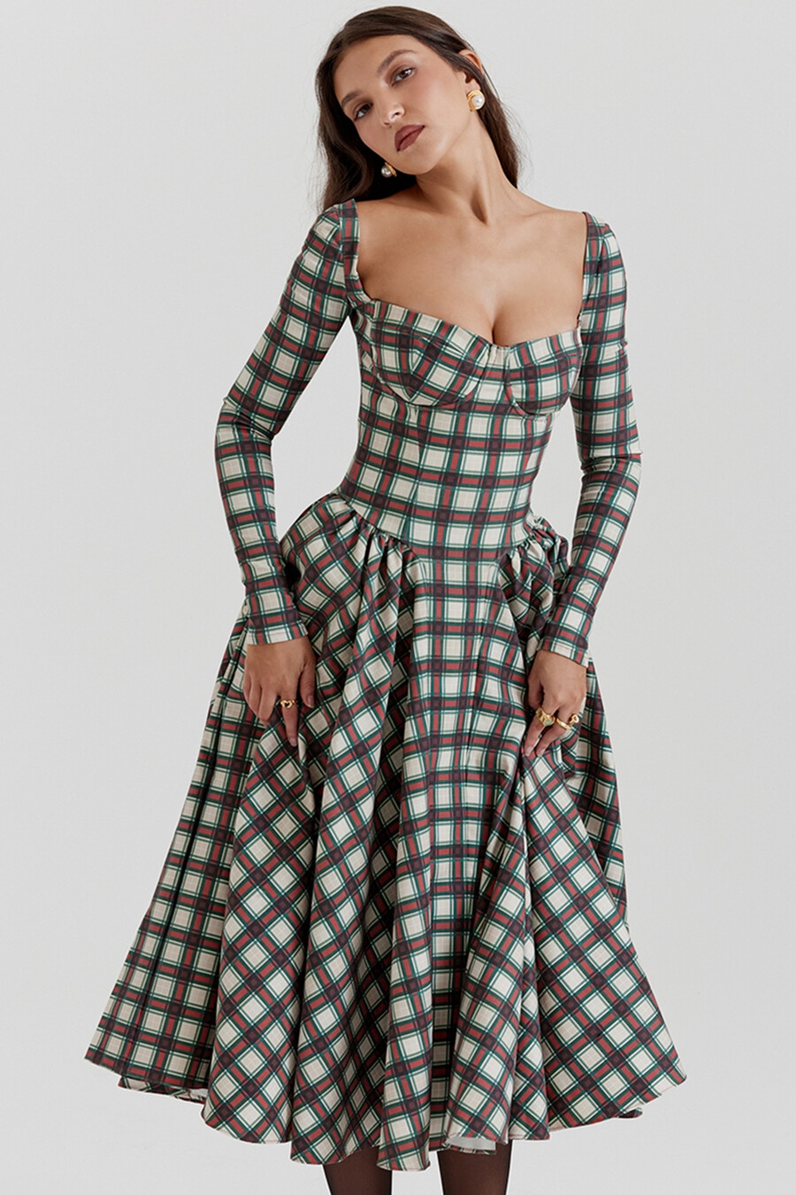 röd tartan korsett midiklänning