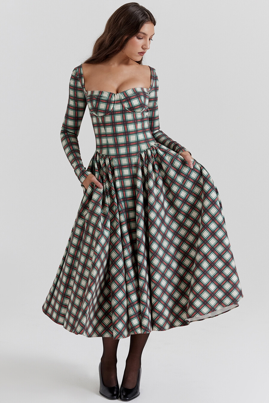 röd tartan korsett midiklänning