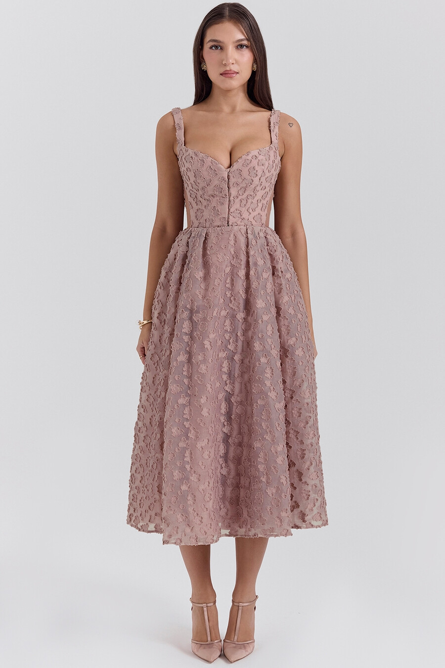 fransk rosé jacquard hjärtformad midiklänning