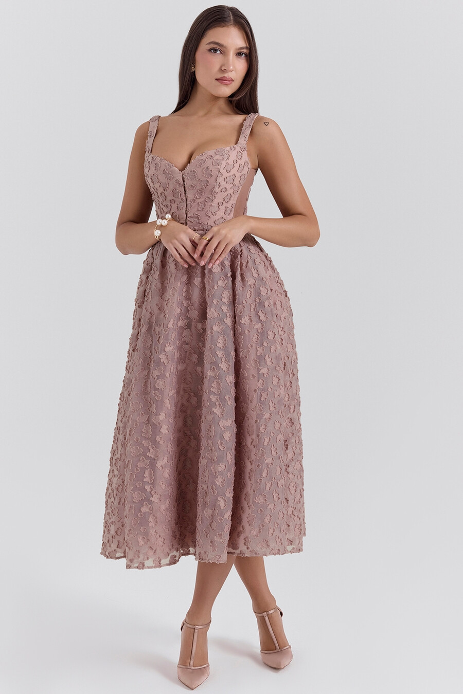 fransk rosé jacquard hjärtformad midiklänning