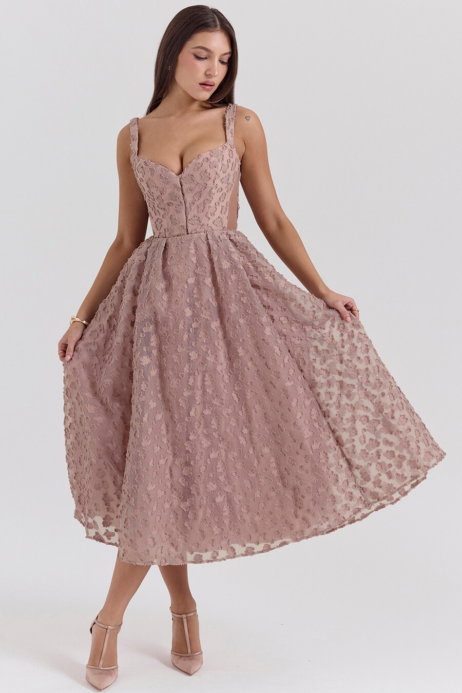 fransk rosé jacquard hjärtformad midiklänning