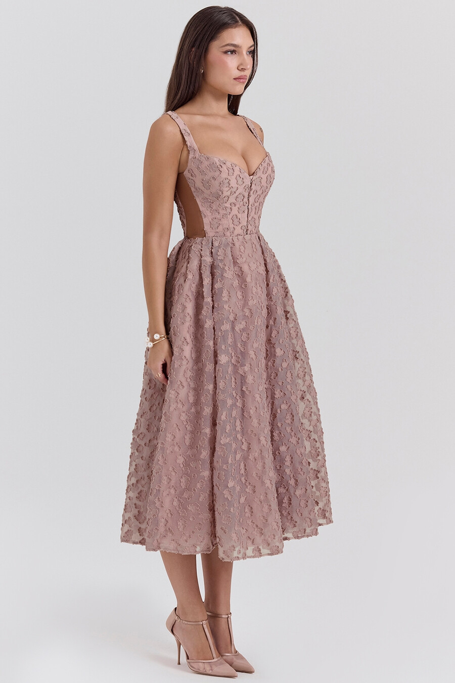 fransk rosé jacquard hjärtformad midiklänning