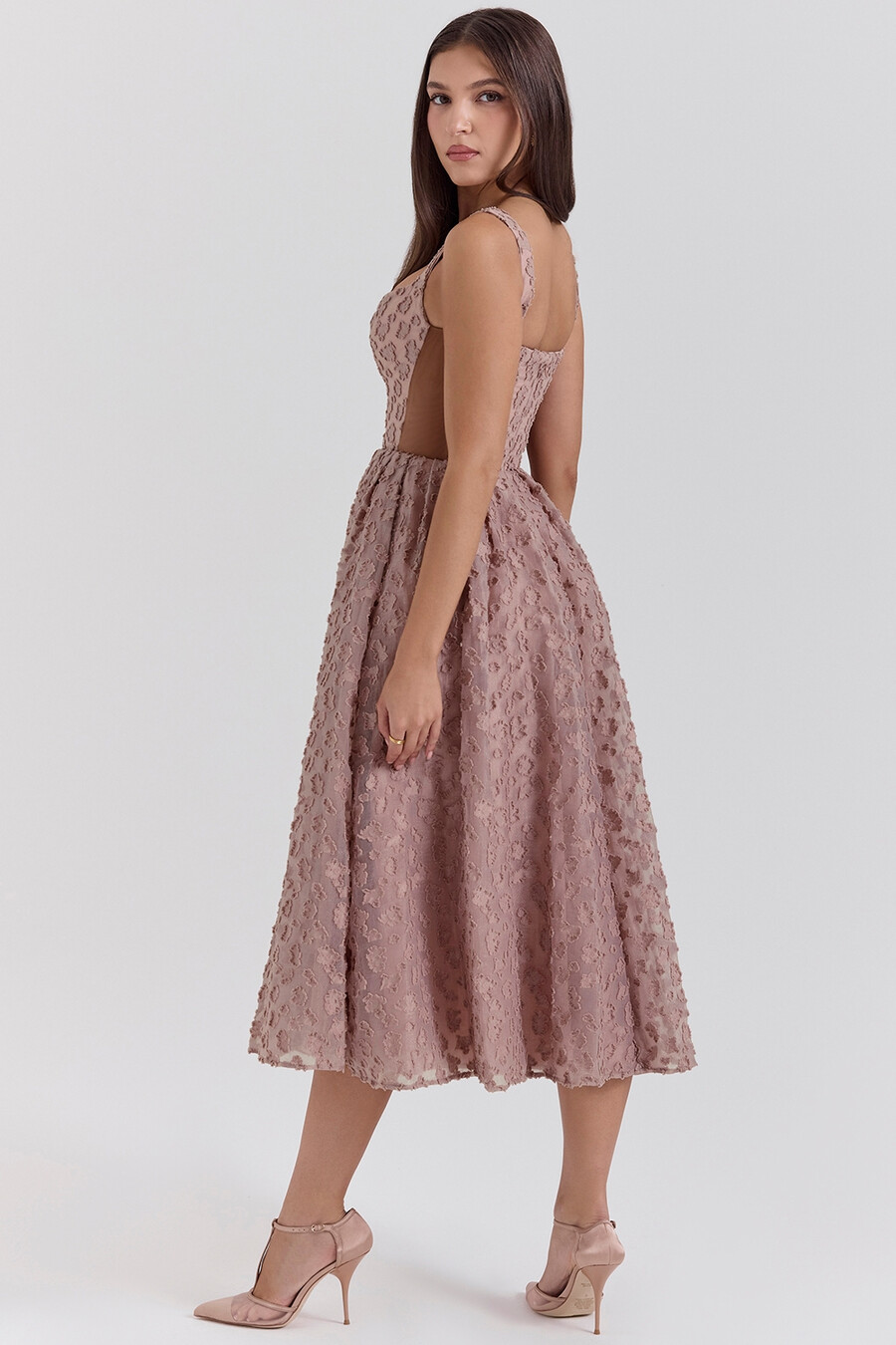 fransk rosé jacquard hjärtformad midiklänning