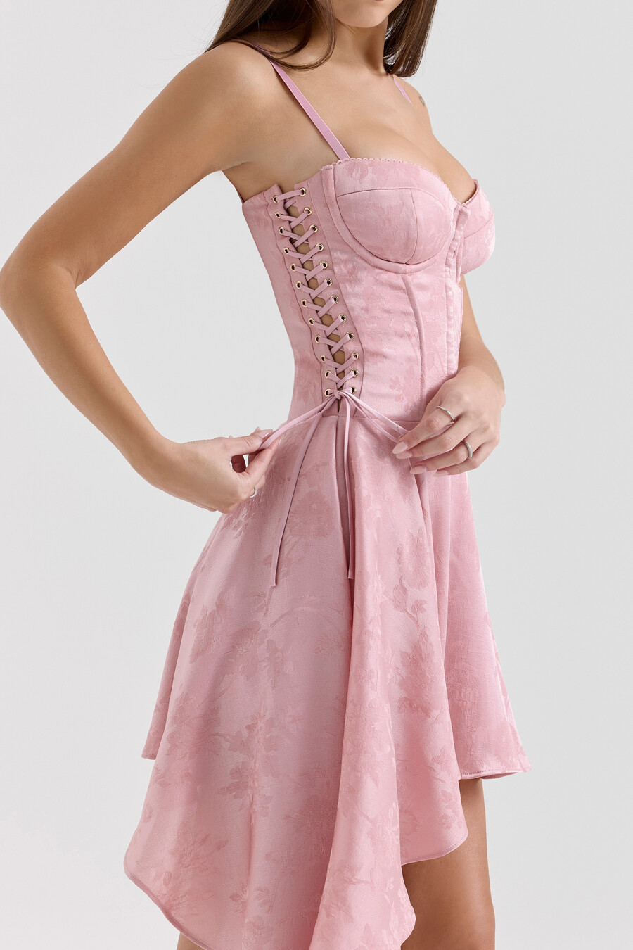 rosa jacquard draperad miniklänning