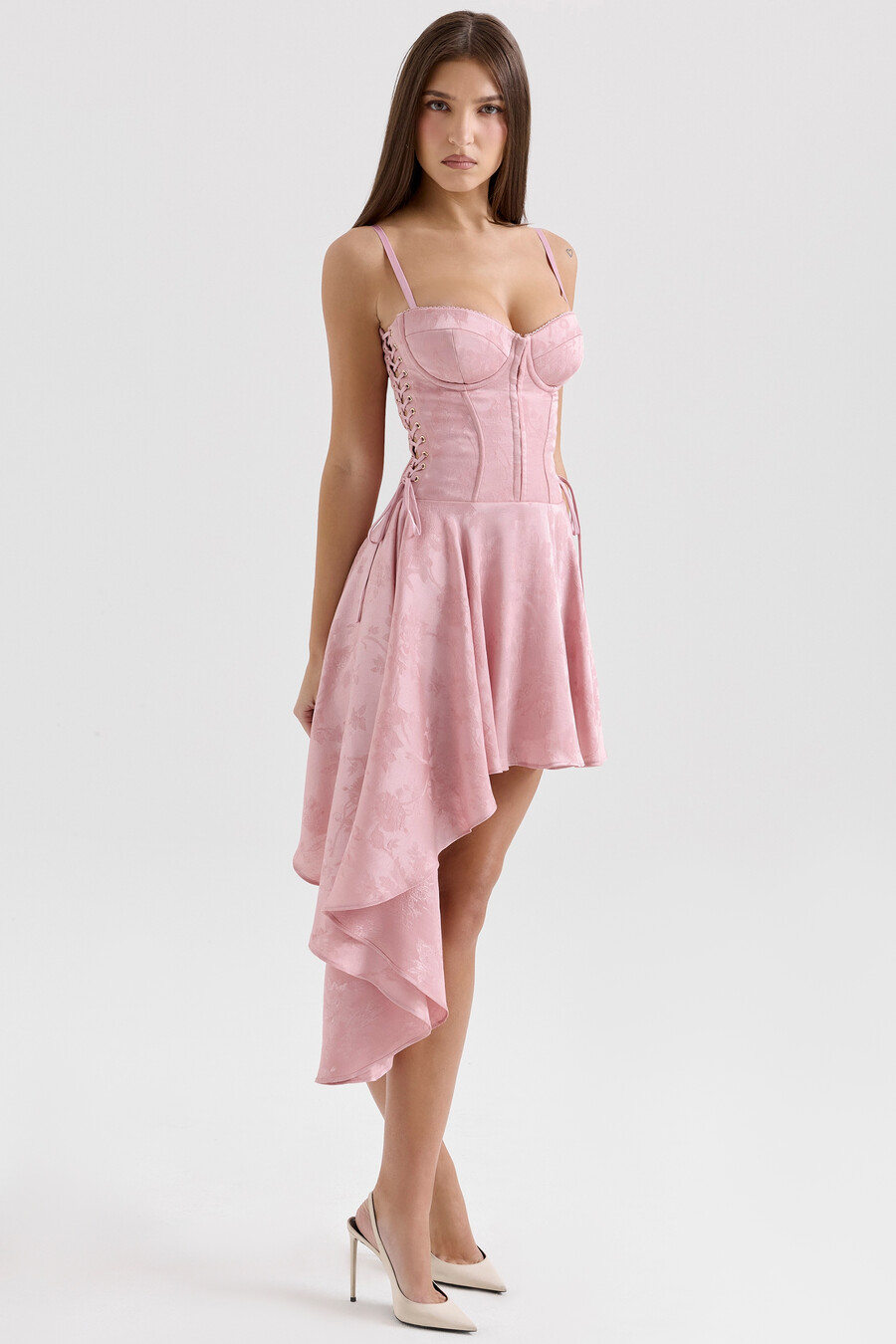 rosa jacquard draperad miniklänning