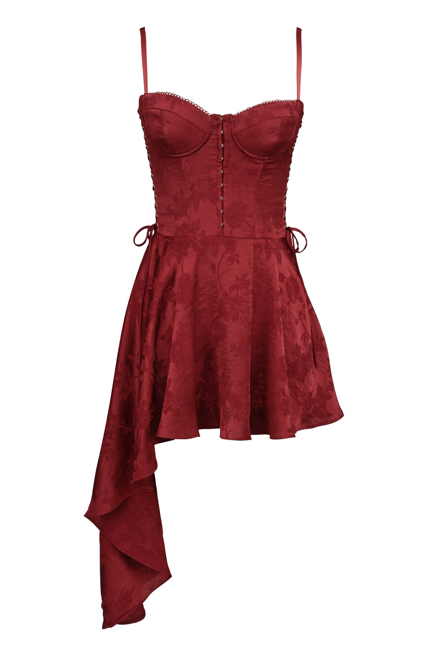 vinröd jacquard satin draperad miniklänning