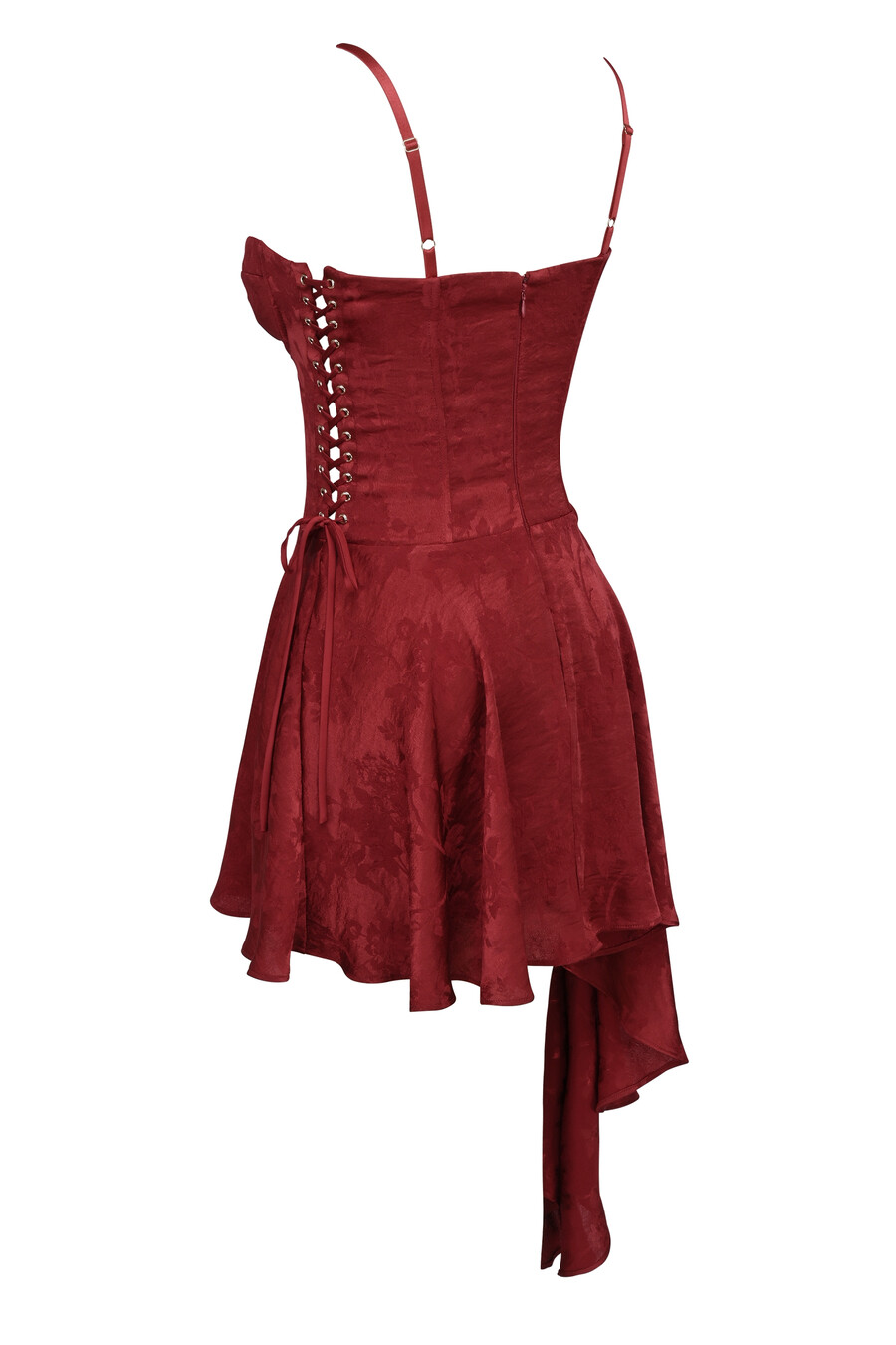 vinröd jacquard satin draperad miniklänning