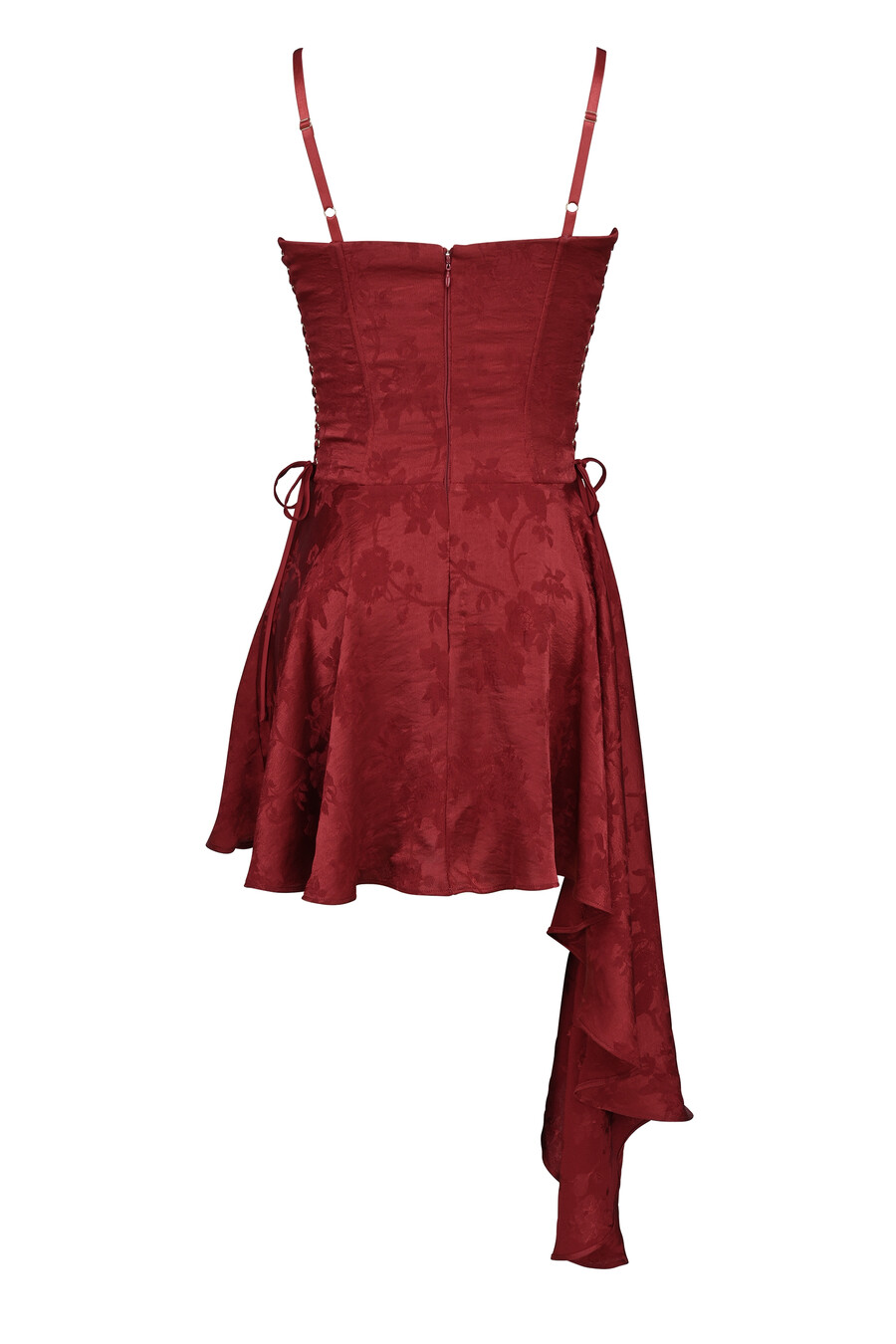 vinröd jacquard satin draperad miniklänning
