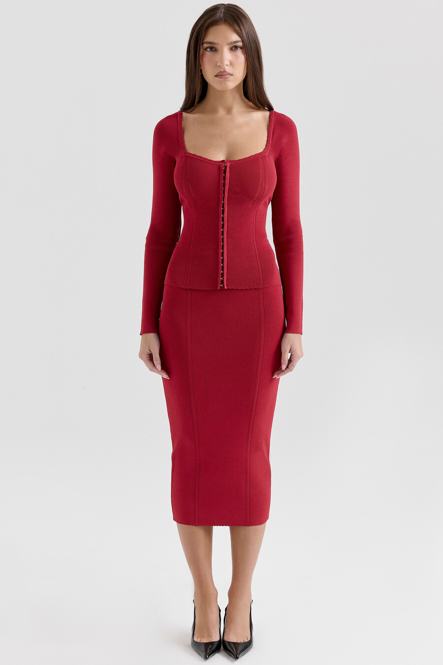 röd stickad midikjol med bodycon-motiv