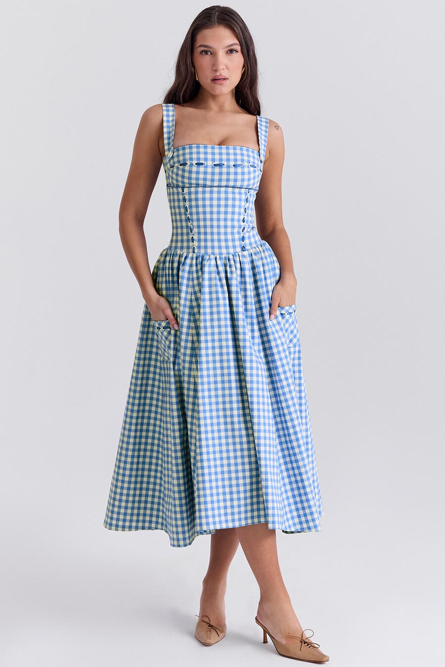 regatta blå gingham midi-summerklänning