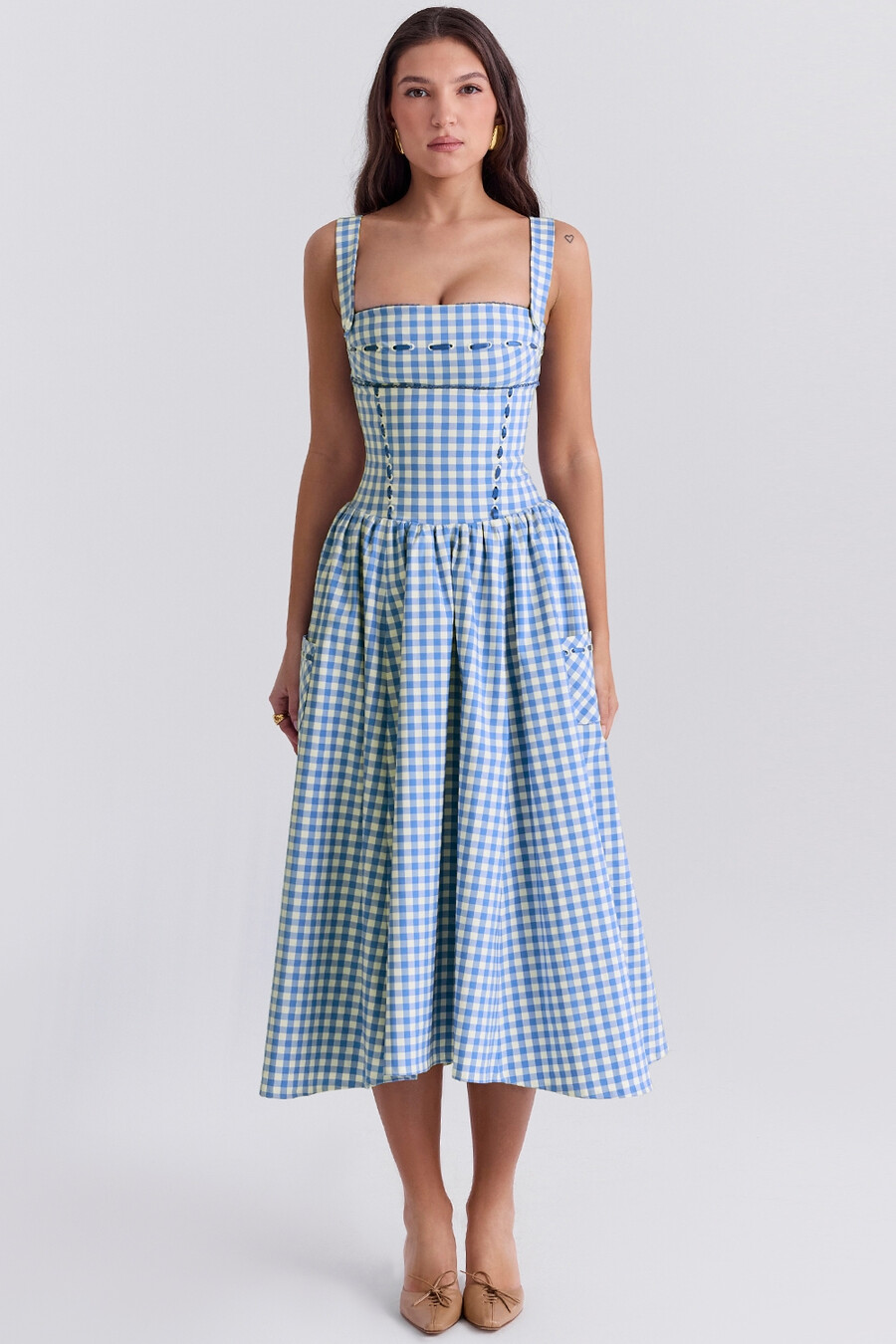 regatta blå gingham midi-summerklänning