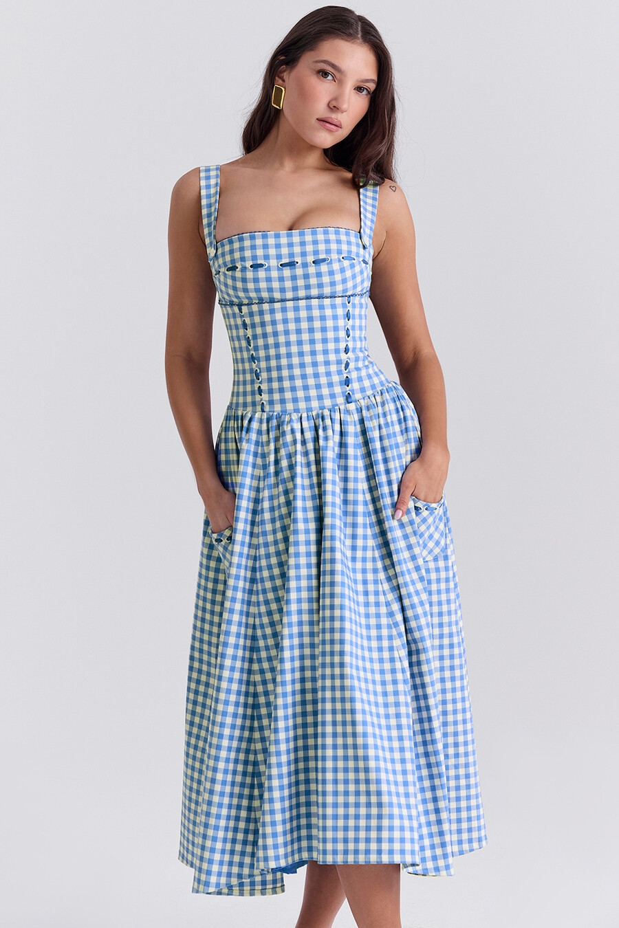 regatta blå gingham midi-summerklänning