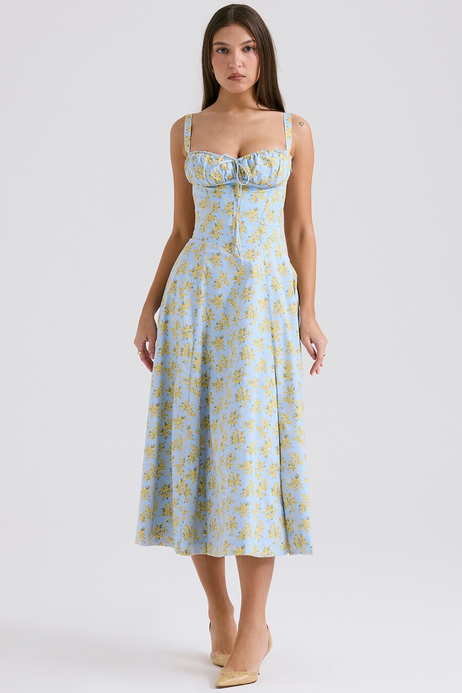 mjukblå vintage blommig bomullsbustier-sommarklänning
