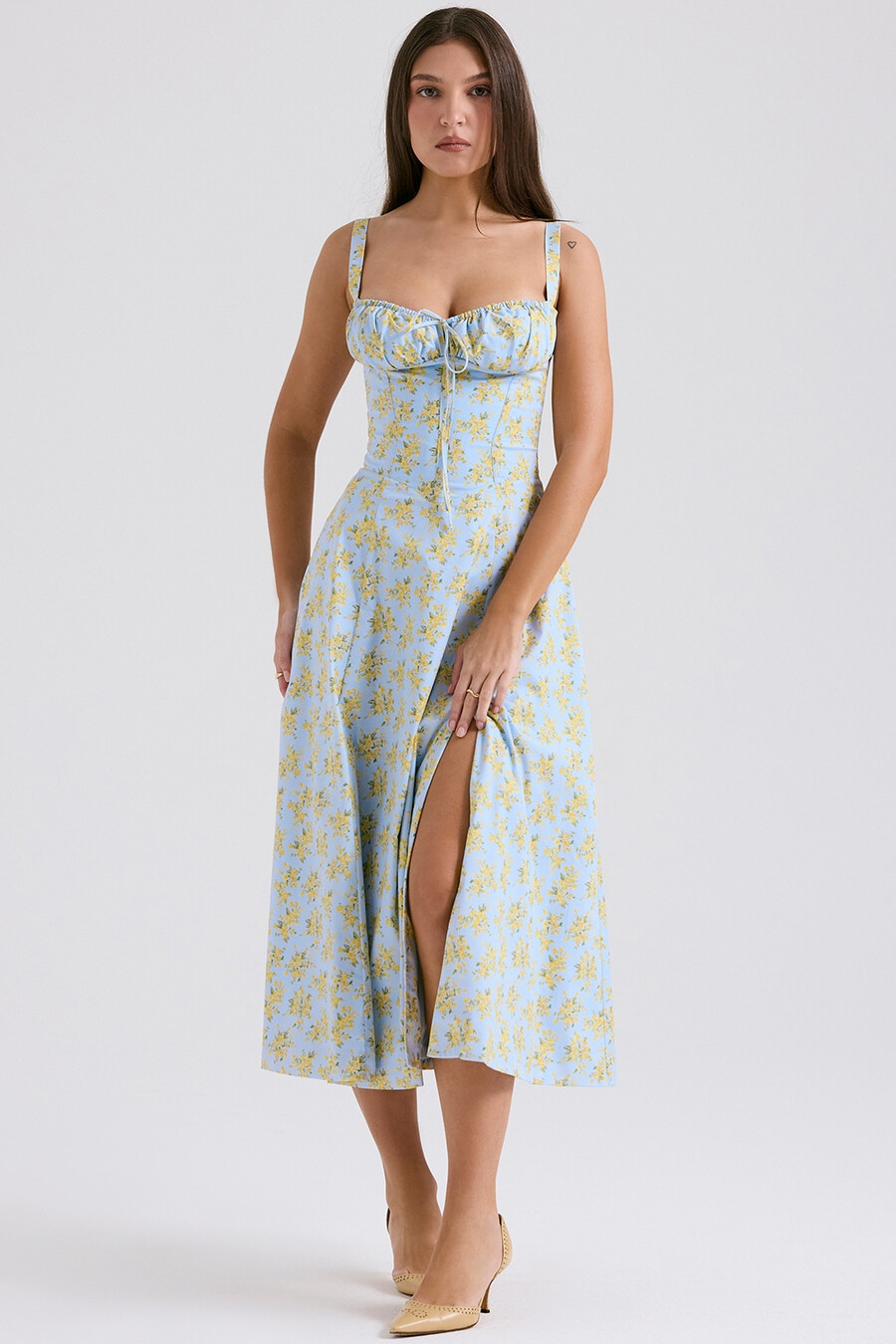mjukblå vintage blommig bomullsbustier-sommarklänning