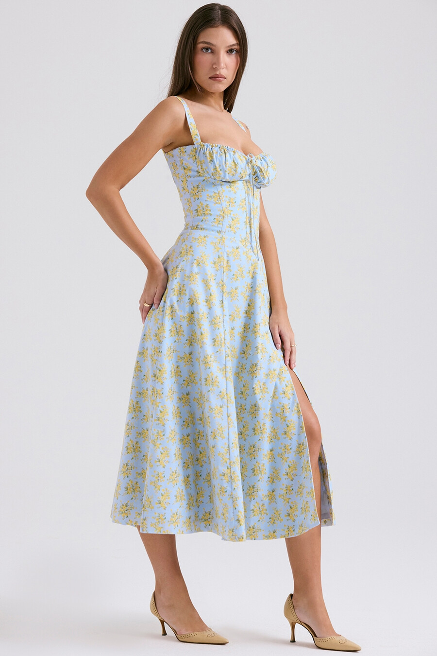 mjukblå vintage blommig bomullsbustier-sommarklänning