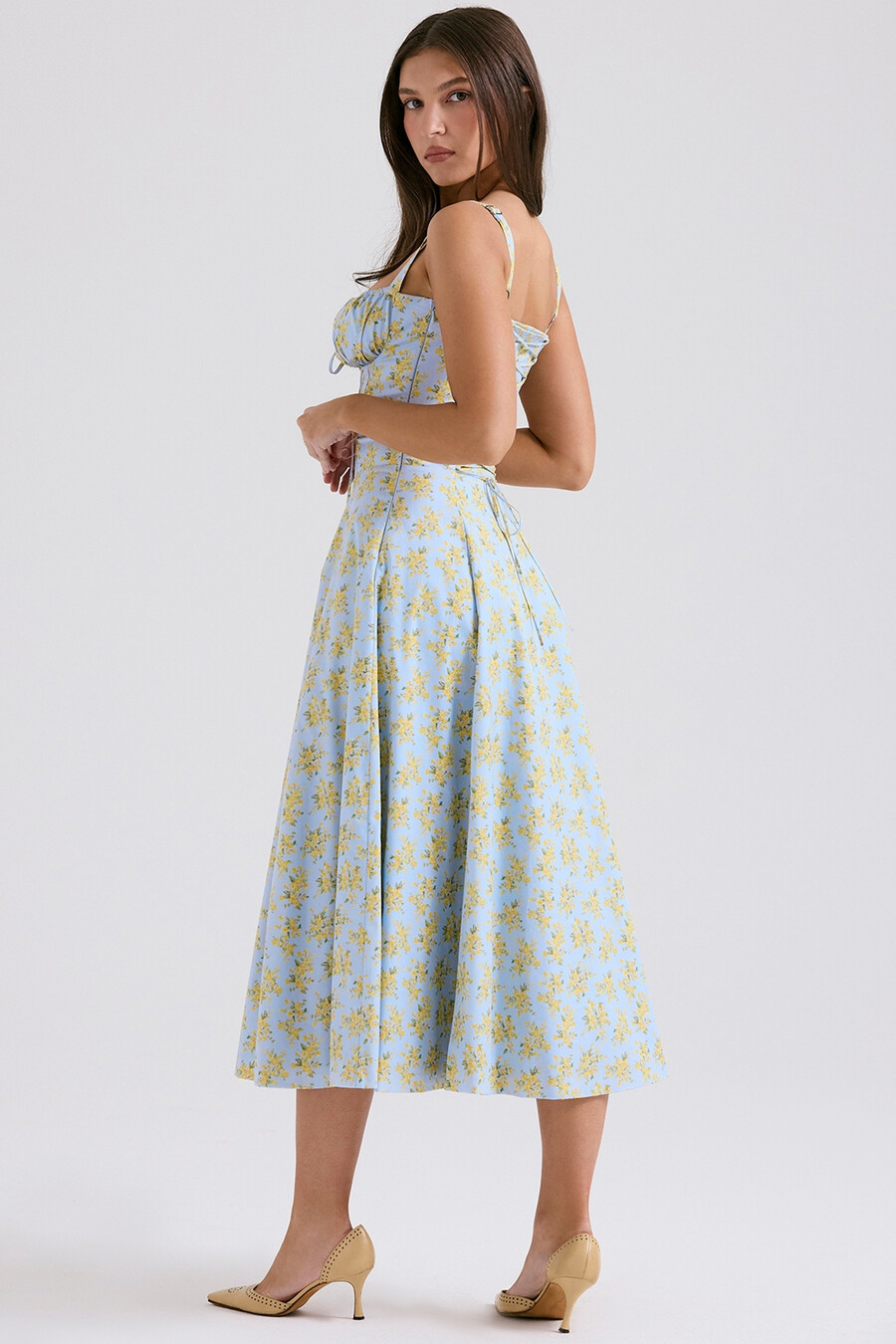 mjukblå vintage blommig bomullsbustier-sommarklänning