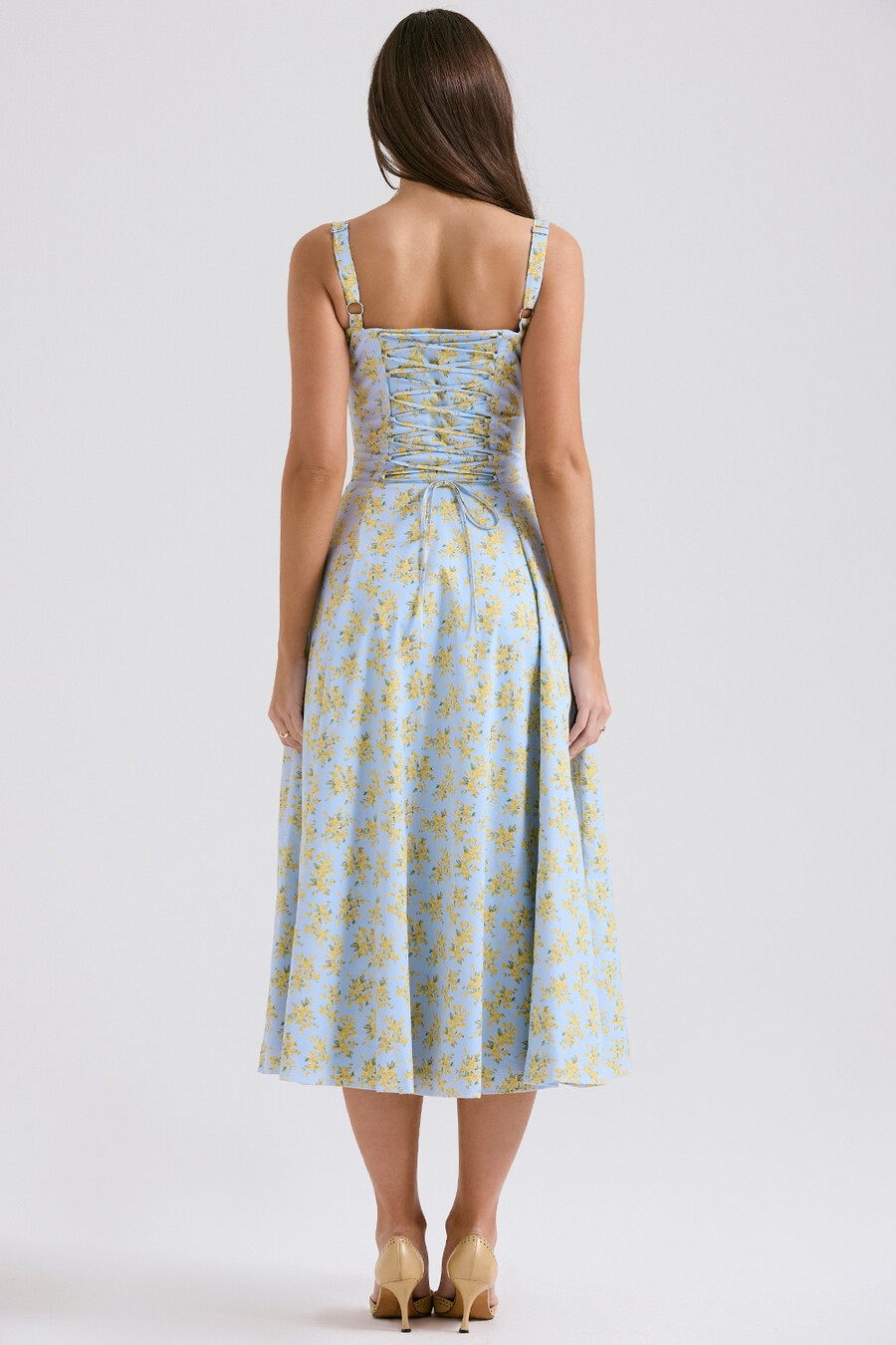 mjukblå vintage blommig bomullsbustier-sommarklänning