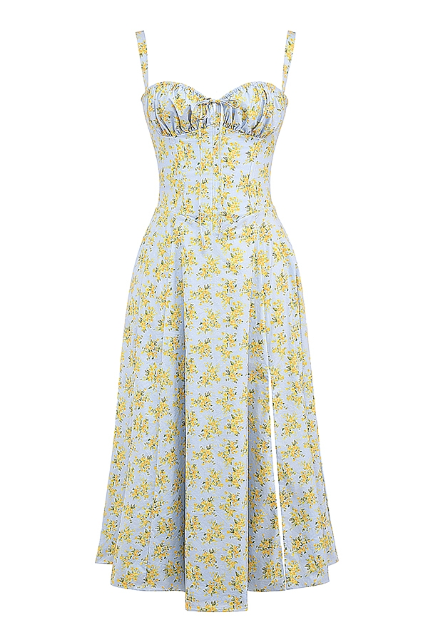 mjukblå vintage blommig bomullsbustier-sommarklänning