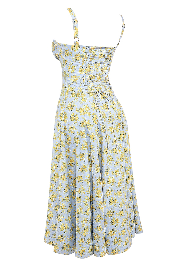 mjukblå vintage blommig bomullsbustier-sommarklänning