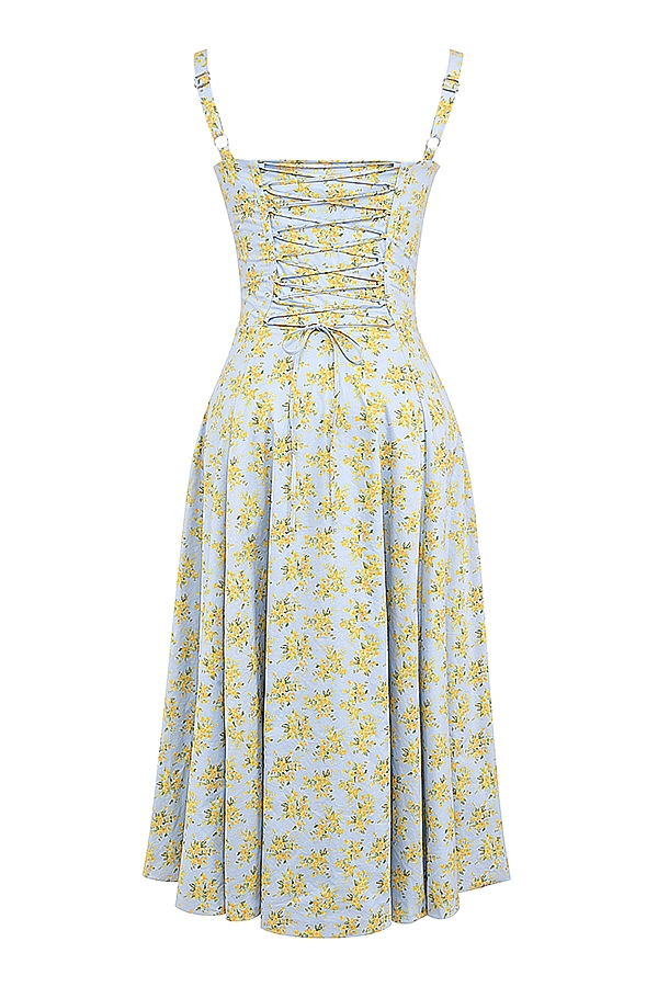 mjukblå vintage blommig bomullsbustier-sommarklänning