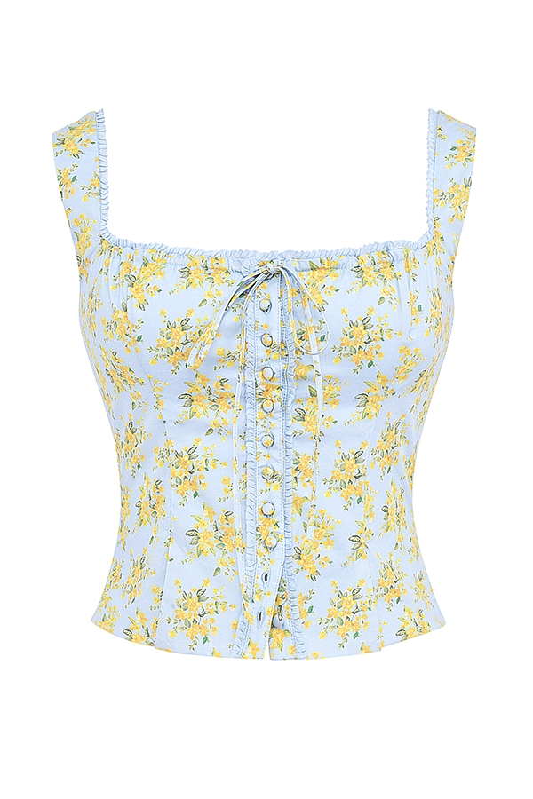 mjukblå bomullstopp med vintagetryck och blommönster